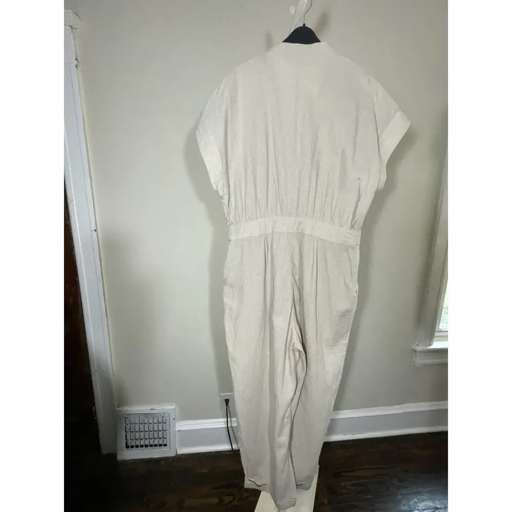Zara Button Front One Piece Linen Jumpsuit Khacki Size Large